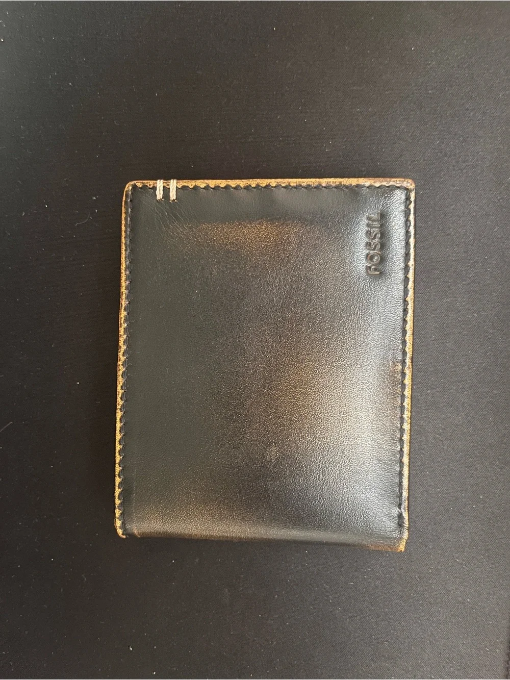 Fossil Black Leather Wallet with Tan Stitching